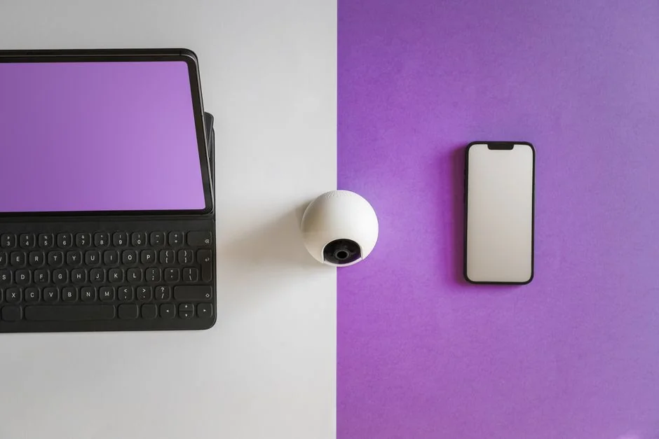 Un espace de travail moderne présentant un ordinateur portable, une tablette et des smartphones, parfait pour les activités technologiques et les freelances.